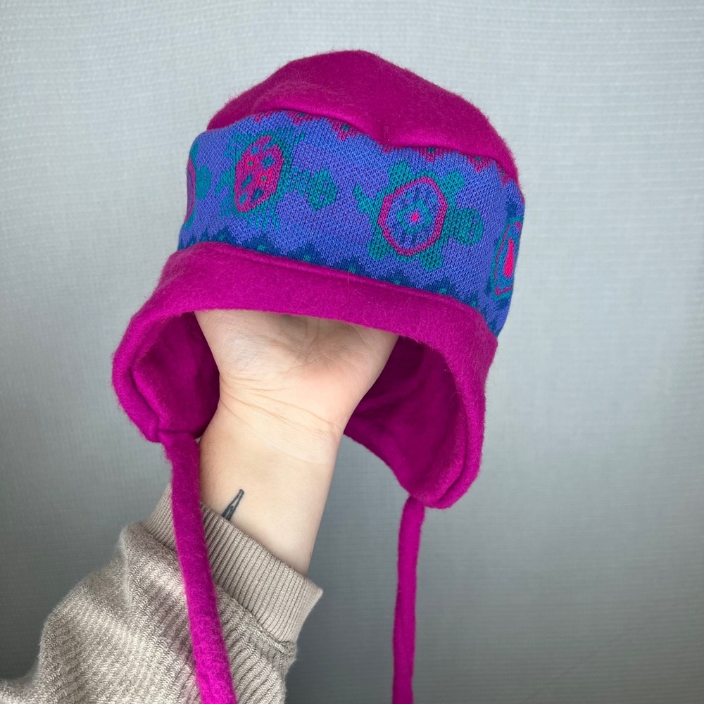 Turtle Fur Kids Ear Flap Hat Magenta Purple Geometric Pattern Retro VTG
